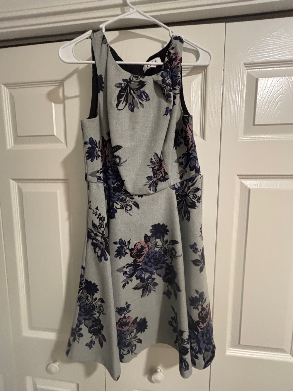 Elle Floral Fit-and-Flare Mini Dress in Light Gray with Navy & Pink Blooms